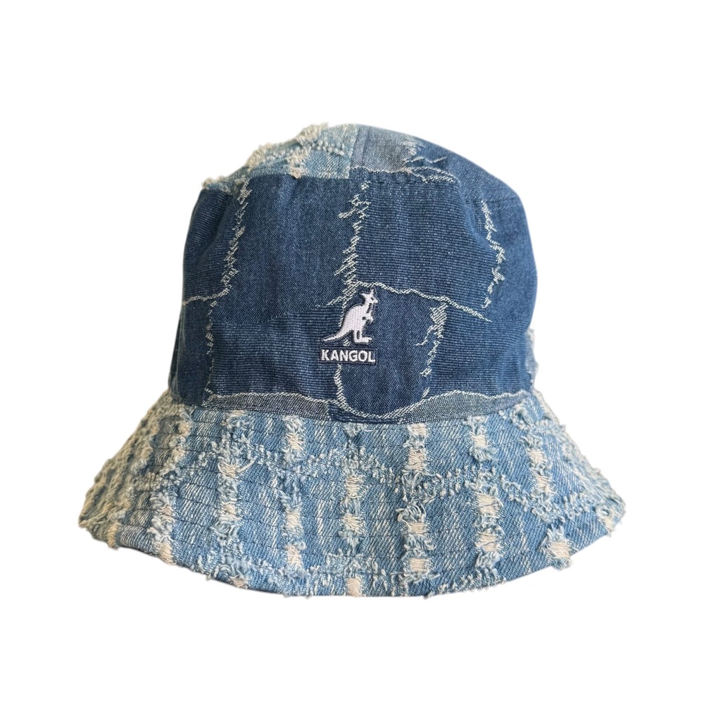Kangol Distressed Patchwork Denim Bucket Hat Mens Large Blue Frayed Cotton Logo